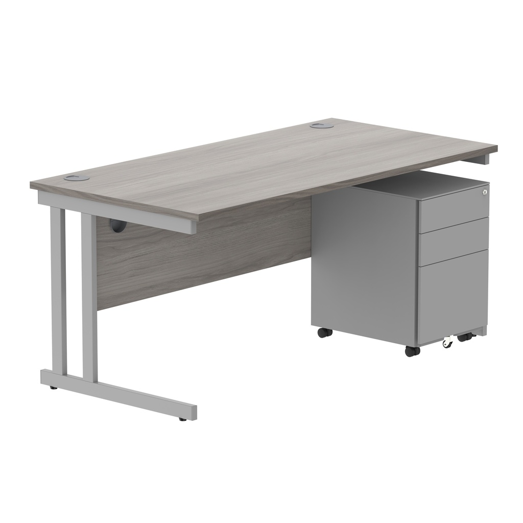 Double Upright Rectangular Desk + Under Desk Steel Pedestal 3 Drawers (FSC) | 1600X800 | Alaskan Grey Oak/Silver