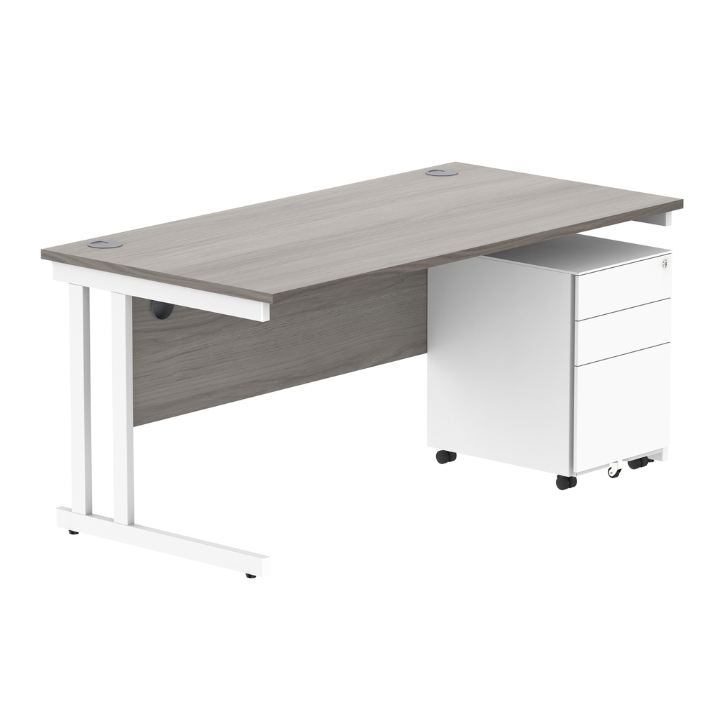 Double Upright Rectangular Desk + Under Desk Steel Pedestal 3 Drawers (FSC) | 1600X800 | Alaskan Grey Oak/White