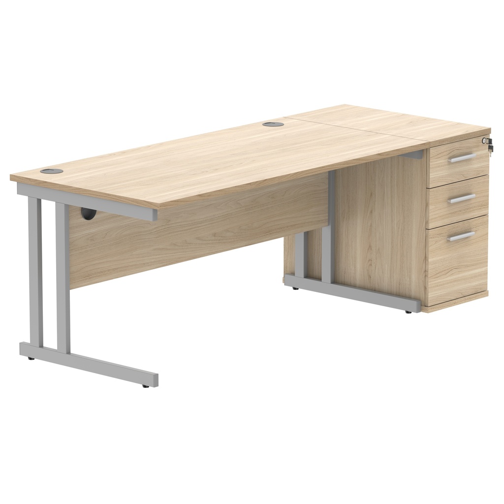 Double Upright Rectangular Desk + Desk High Pedestal (FSC) | 1600X800 | Canadian Oak/Silver