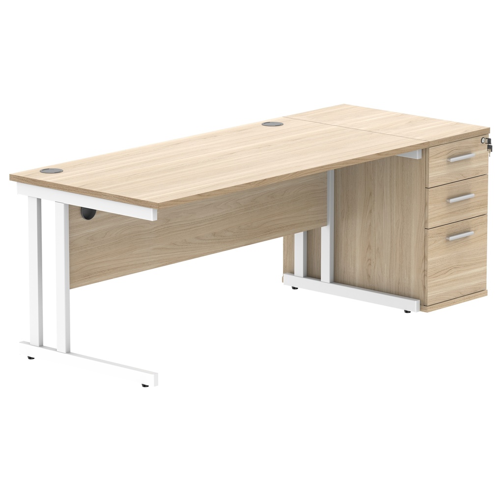 Double Upright Rectangular Desk + Desk High Pedestal (FSC) | 1600X800 | Canadian Oak/White