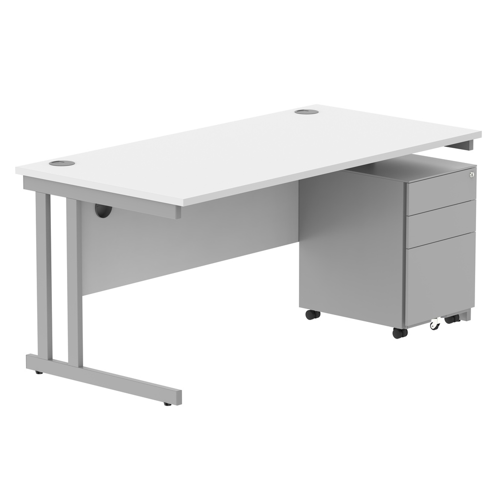 Double Upright Rectangular Desk + Under Desk Steel Pedestal 3 Drawers (FSC) | 1600X800 | Arctic White/Silver