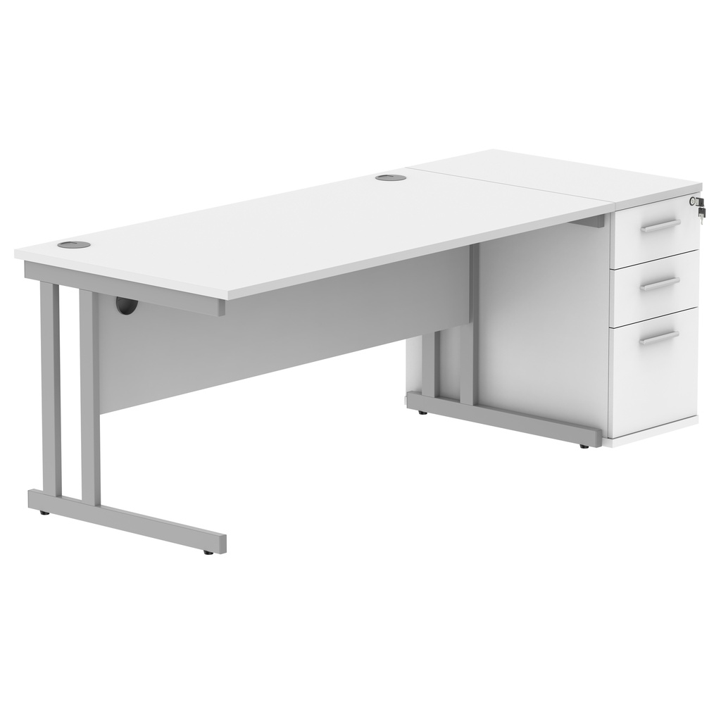 Double Upright Rectangular Desk + Desk High Pedestal (FSC) | 1600X800 | Arctic White/Silver