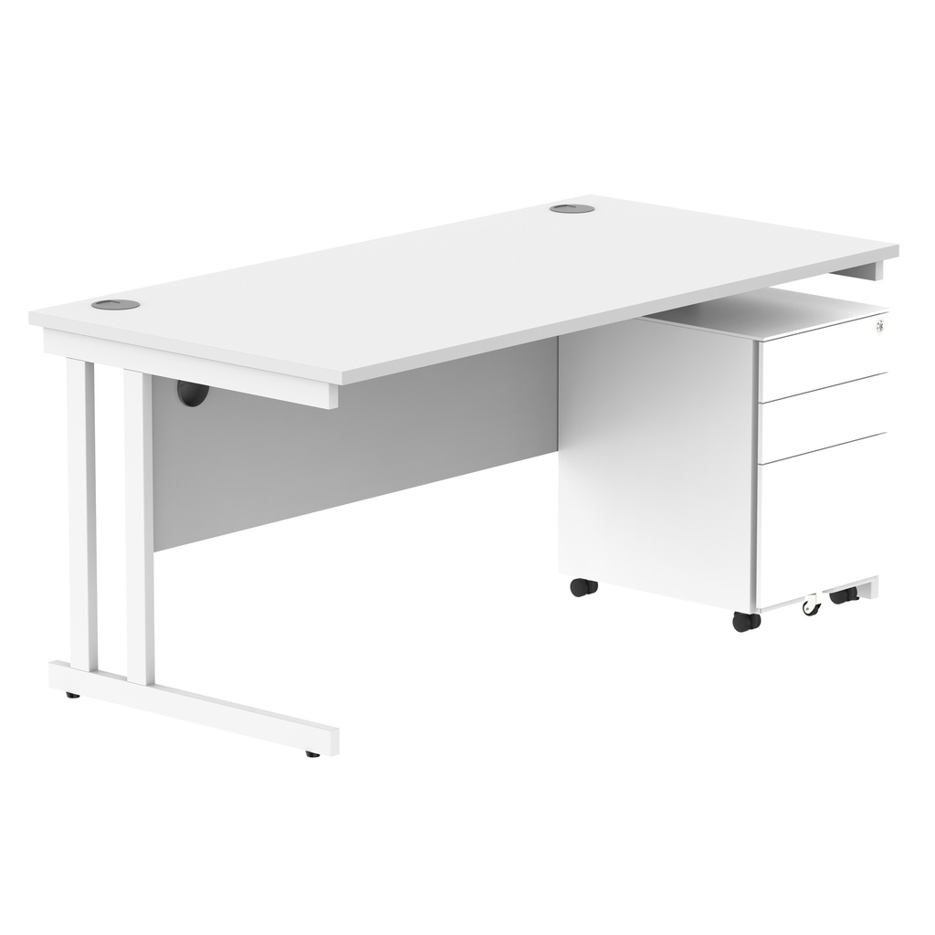 Double Upright Rectangular Desk + Under Desk Steel Pedestal 3 Drawers (FSC) | 1600X800 | Arctic White/White