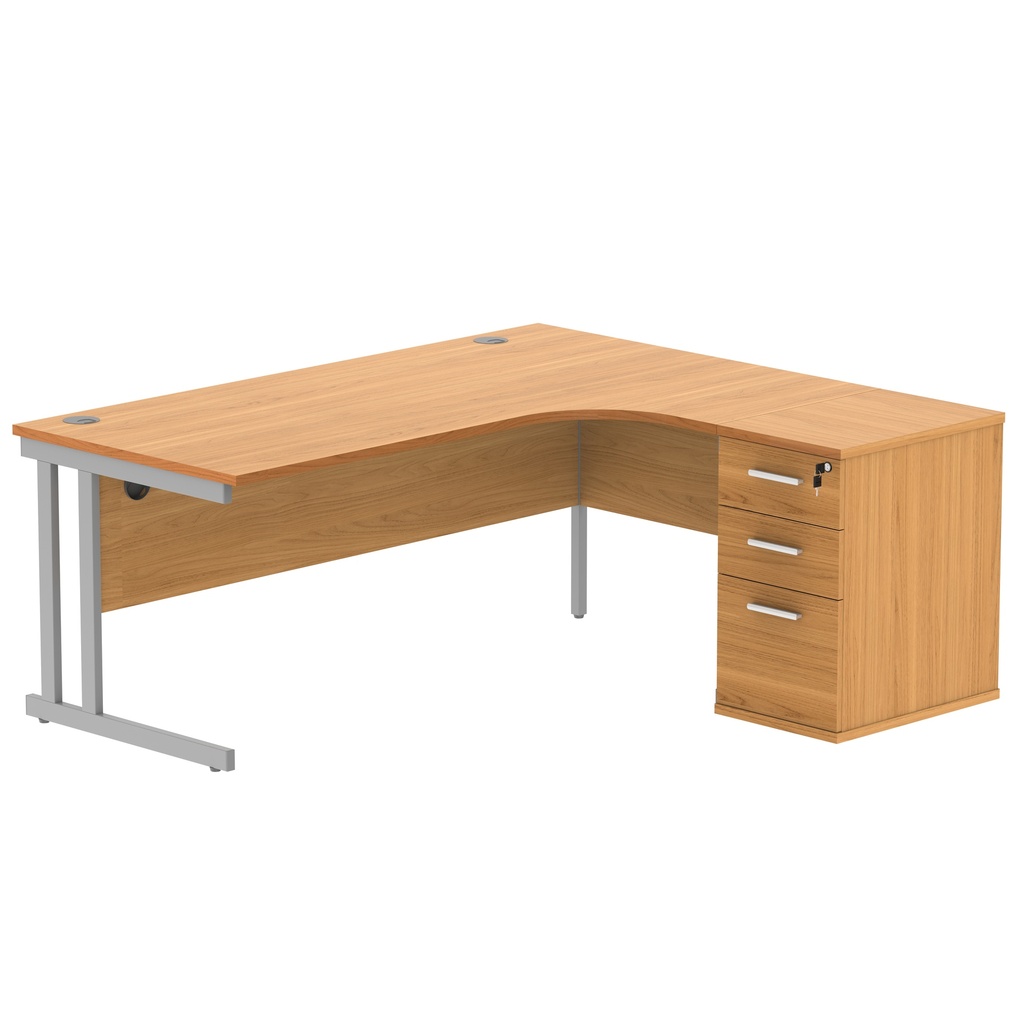 Double Upright Right Hand Radial Desk + Desk High Pedestal (FSC) | 600mm Deep Pedestal | 1800X1200 | Norwegian Beech/Silver
