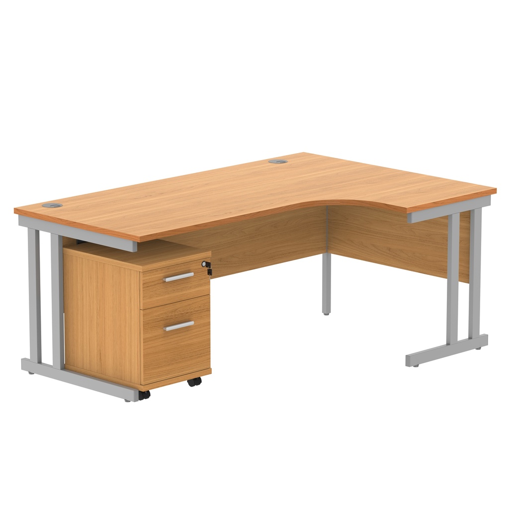 Double Upright Right Hand Radial Desk + 2 Drawer Mobile Under Desk Pedestal (FSC) | 1800X1200 | Norwegian Beech/Silver