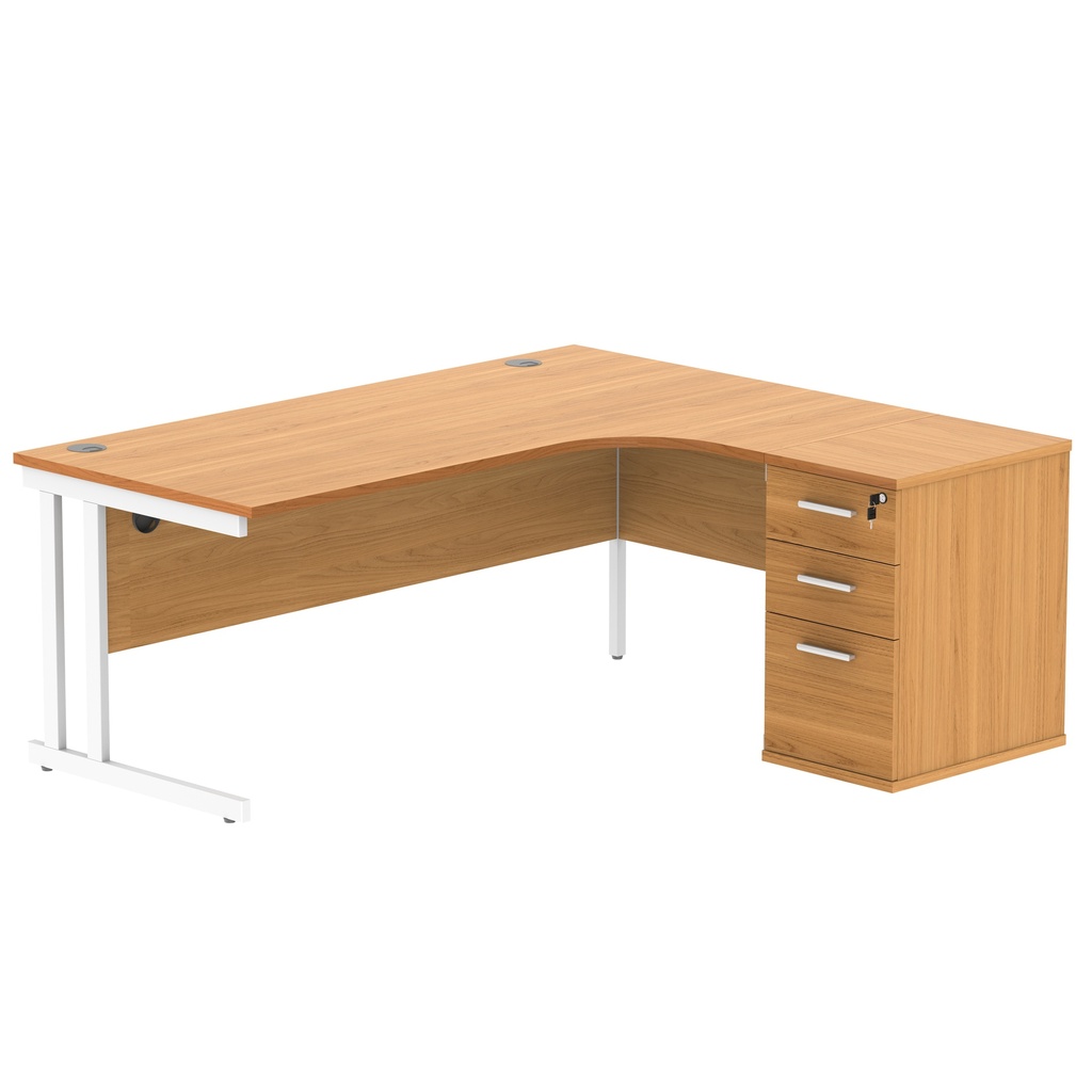 Double Upright Right Hand Radial Desk + Desk High Pedestal (FSC) | 600mm Deep Pedestal | 1800X1200 | Norwegian Beech/White
