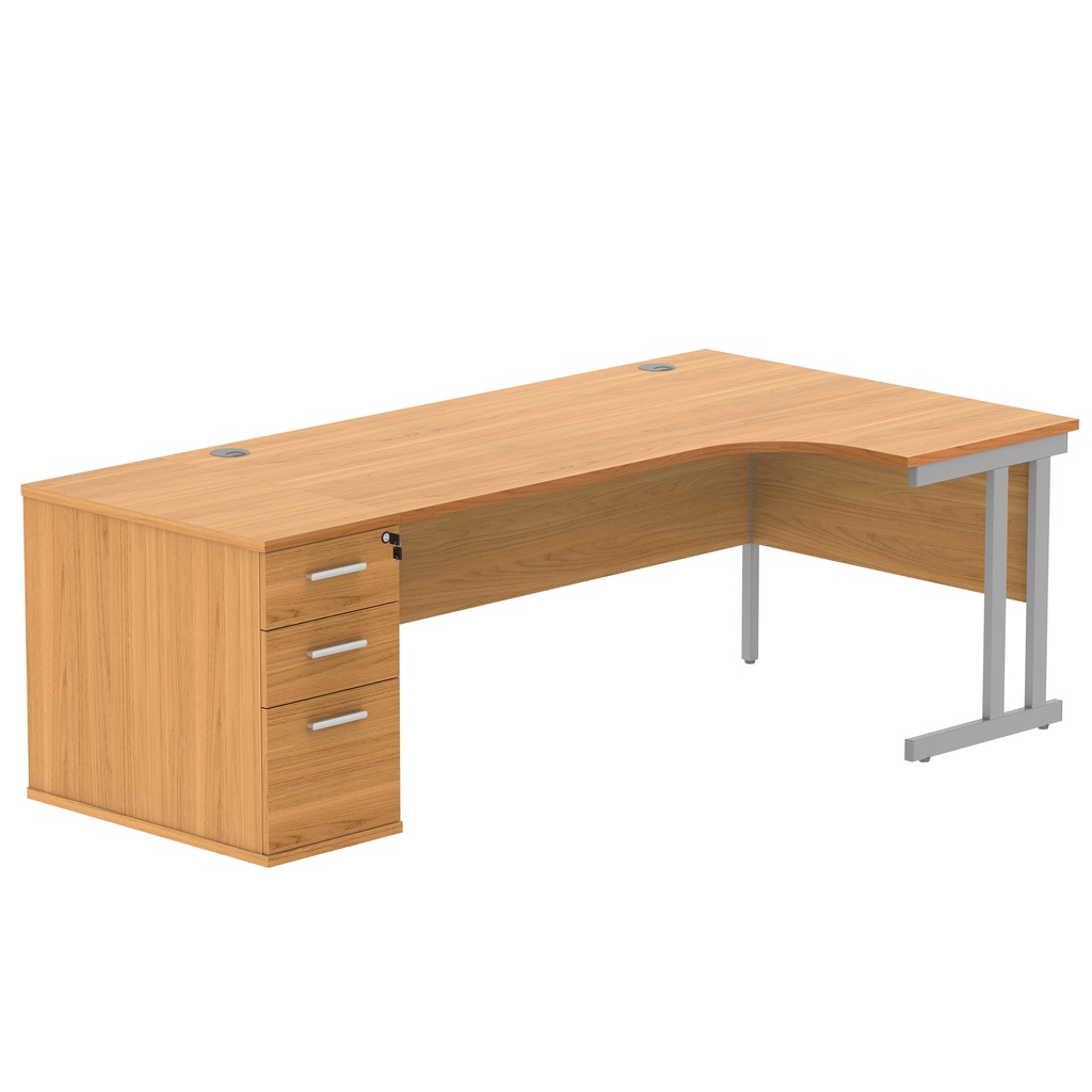 Double Upright Right Hand Radial Desk + Desk High Pedestal (FSC) | 800mm Deep Pedestal | 1800X1200 | Norwegian Beech/Silver
