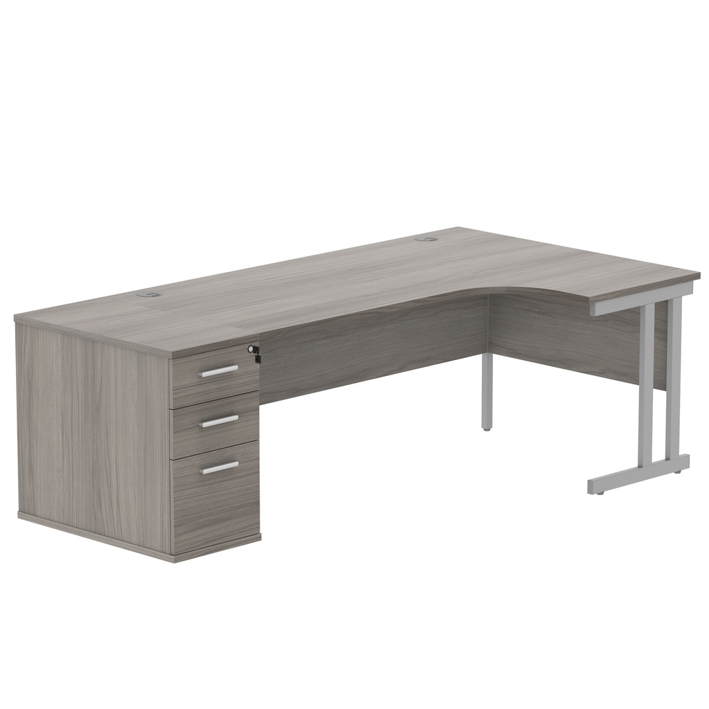 Double Upright Right Hand Radial Desk + Desk High Pedestal (FSC) | 800mm Deep Pedestal | 1800X1200 | Alaskan Grey Oak/Silver