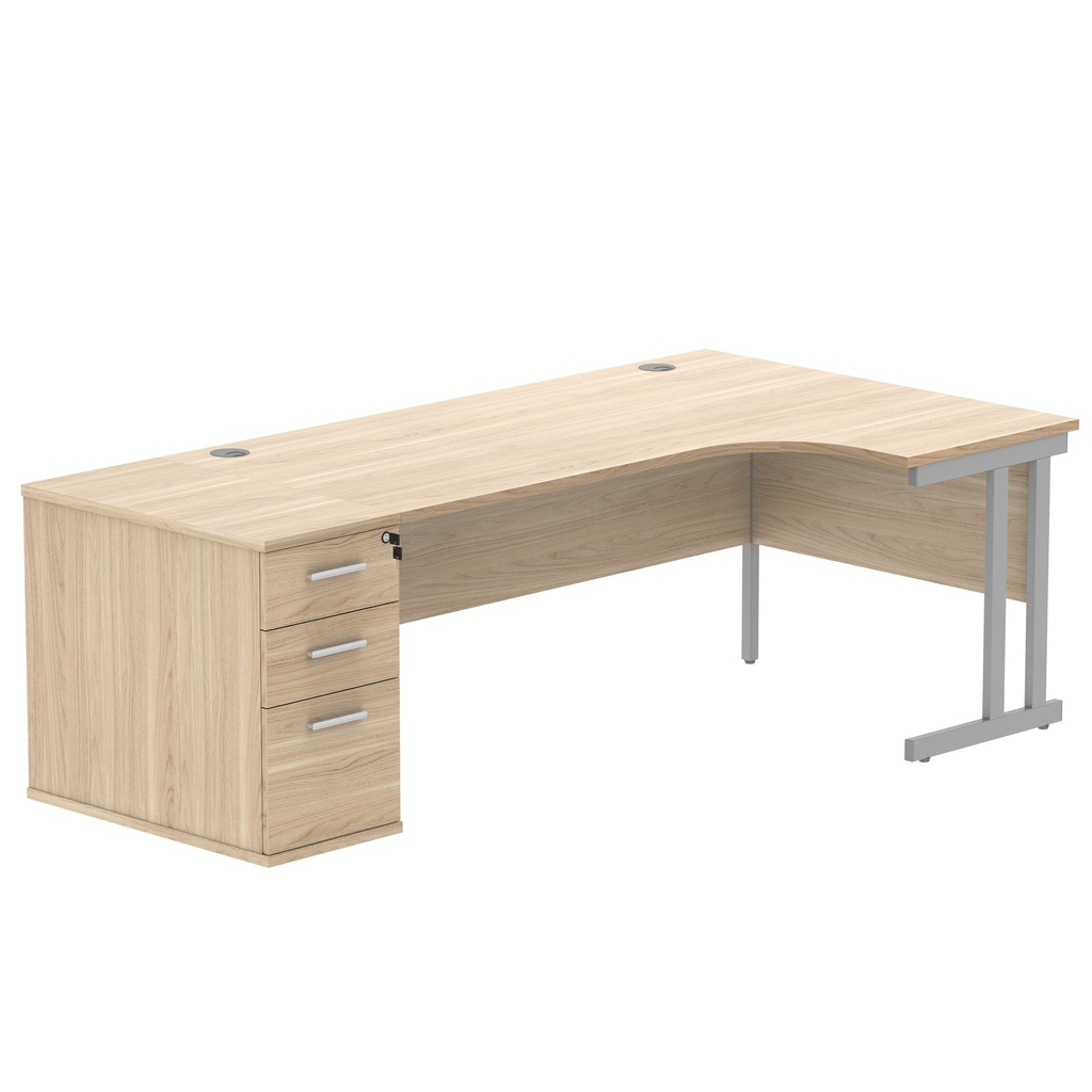Double Upright Right Hand Radial Desk + Desk High Pedestal (FSC) | 800mm Deep Pedestal | 1800X1200 | Canadian Oak/Silver
