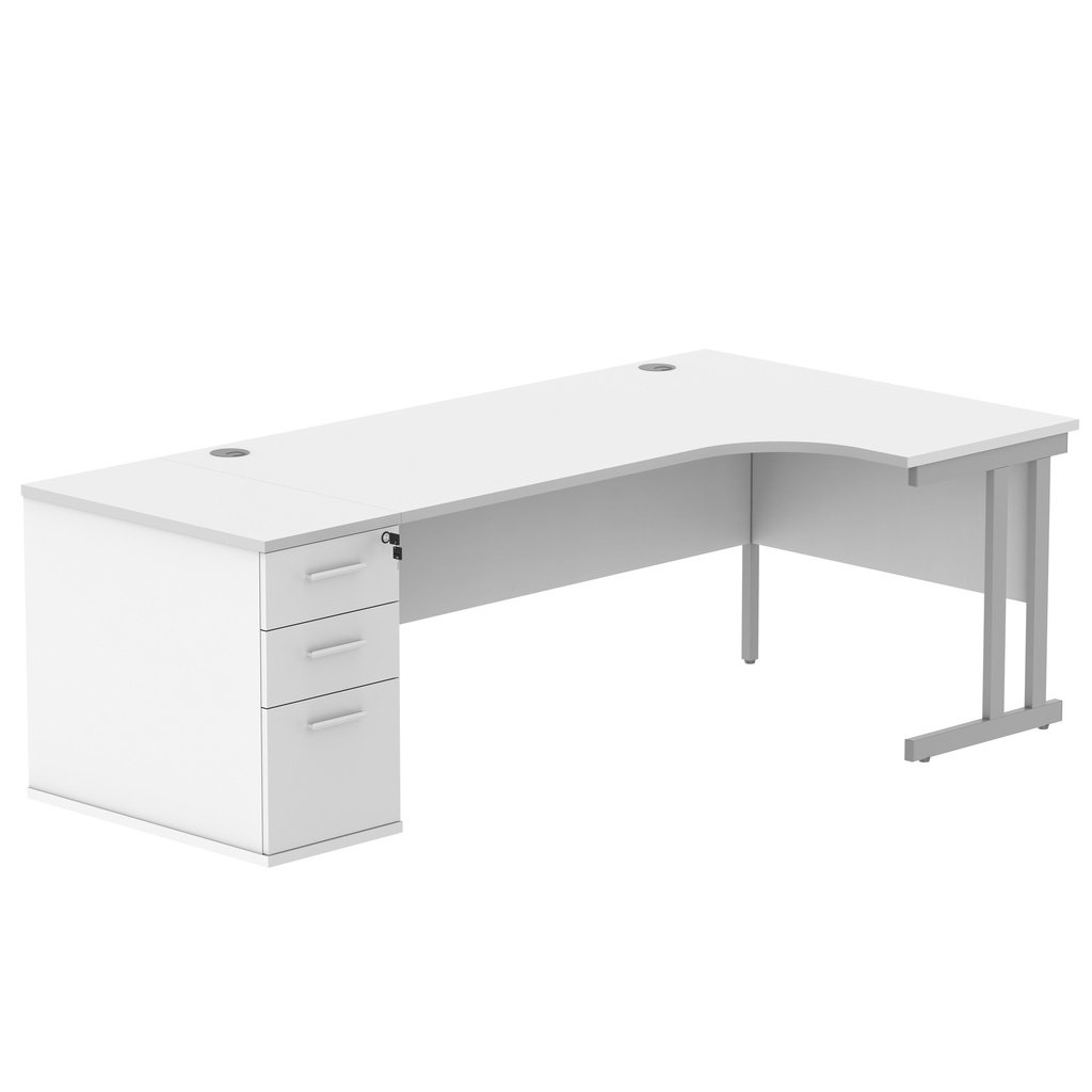 Double Upright Right Hand Radial Desk + Desk High Pedestal (FSC) | 800mm Deep Pedestal | 1800X1200 | Arctic White/Silver