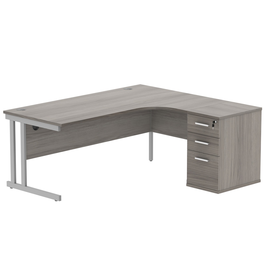 Double Upright Right Hand Radial Desk + Desk High Pedestal (FSC) | 600mm Deep Pedestal | 1800X1200 | Alaskan Grey Oak/Silver