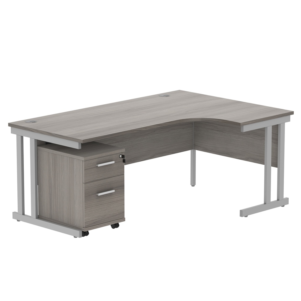 Double Upright Right Hand Radial Desk + 2 Drawer Mobile Under Desk Pedestal (FSC) | 1800X1200 | Alaskan Grey Oak/Silver
