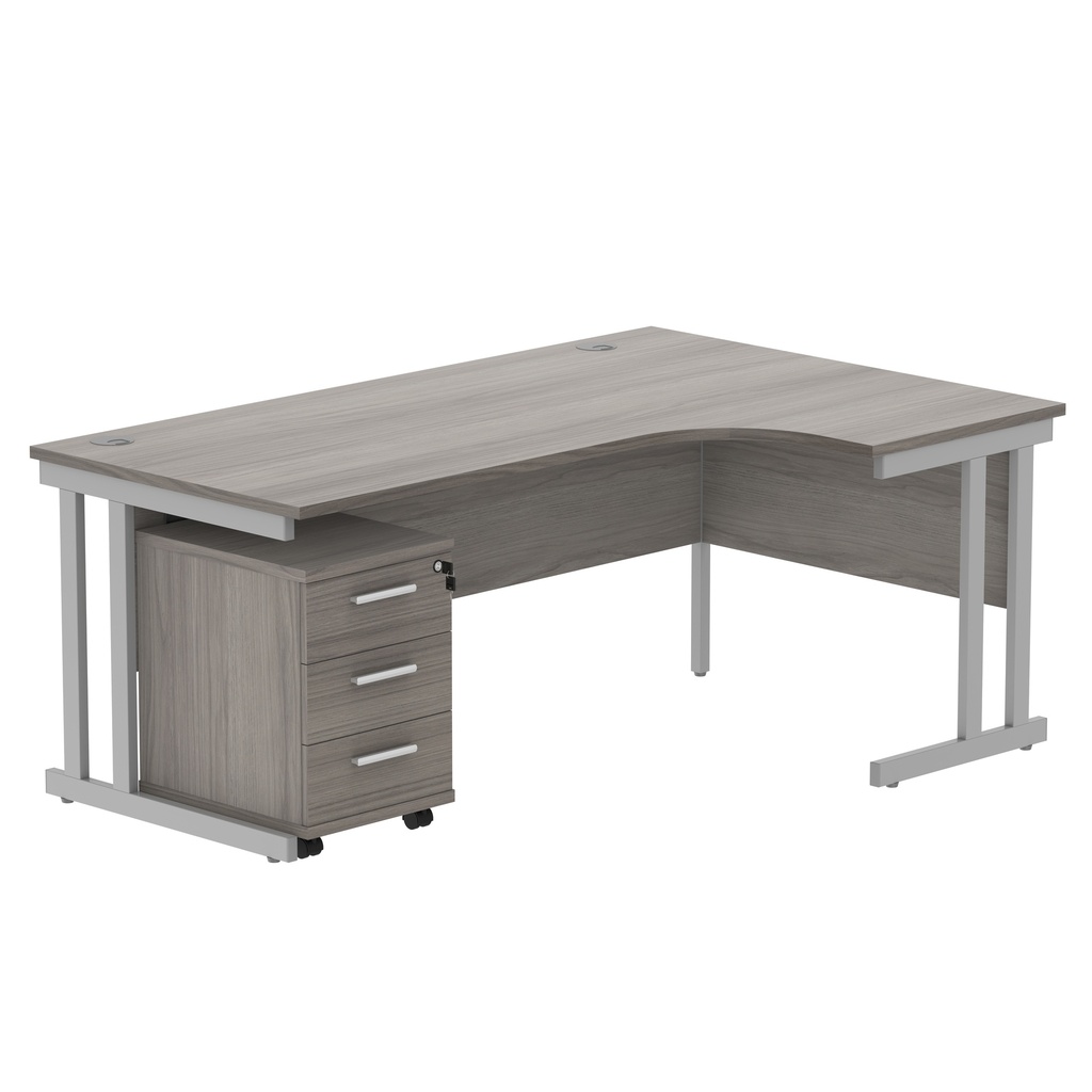 Double Upright Right Hand Radial Desk + 3 Drawer Mobile Under Desk Pedestal (FSC) | 1800X1200 | Alaskan Grey Oak/Silver