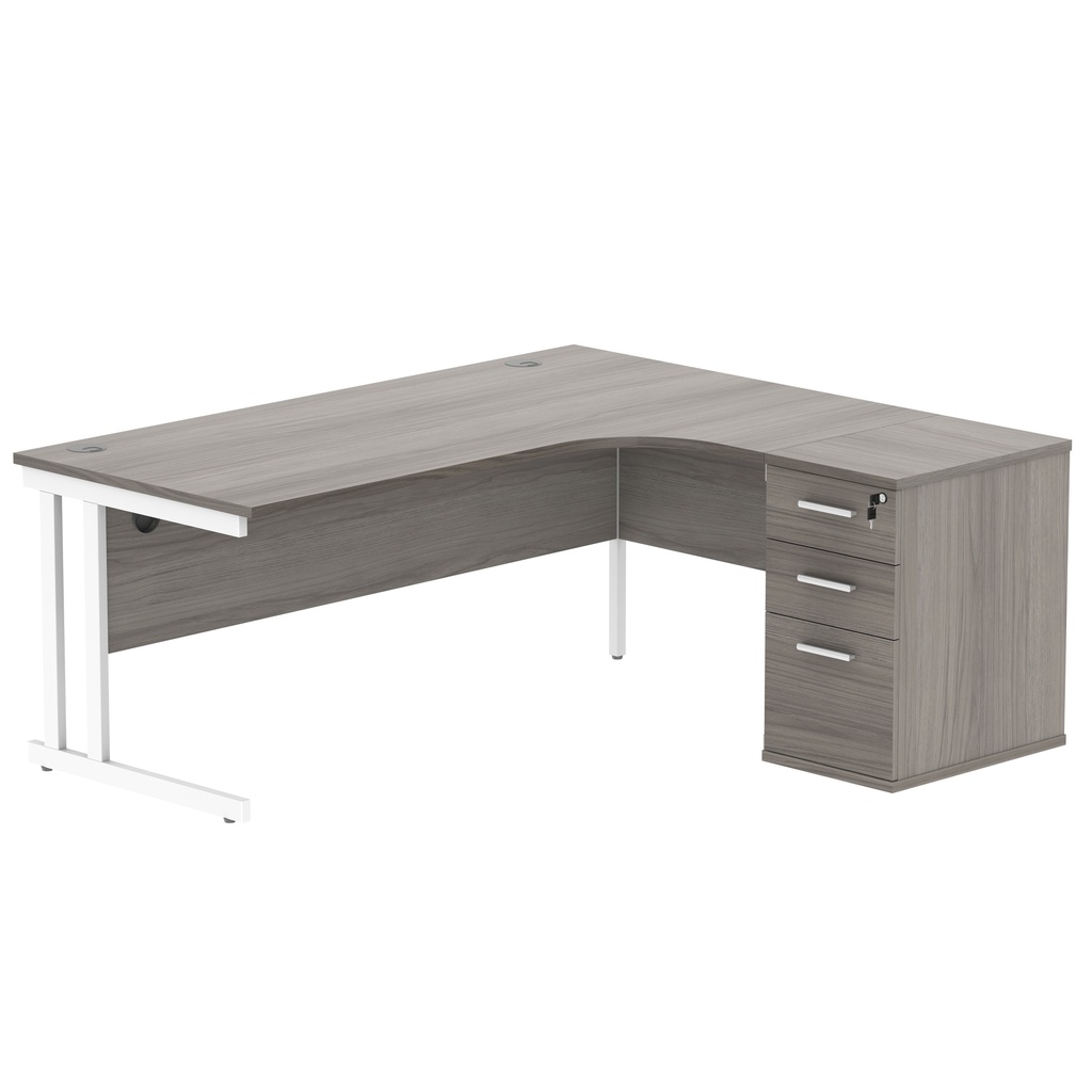 Double Upright Right Hand Radial Desk + Desk High Pedestal (FSC) | 600mm Deep Pedestal | 1800X1200 | Alaskan Grey Oak/White
