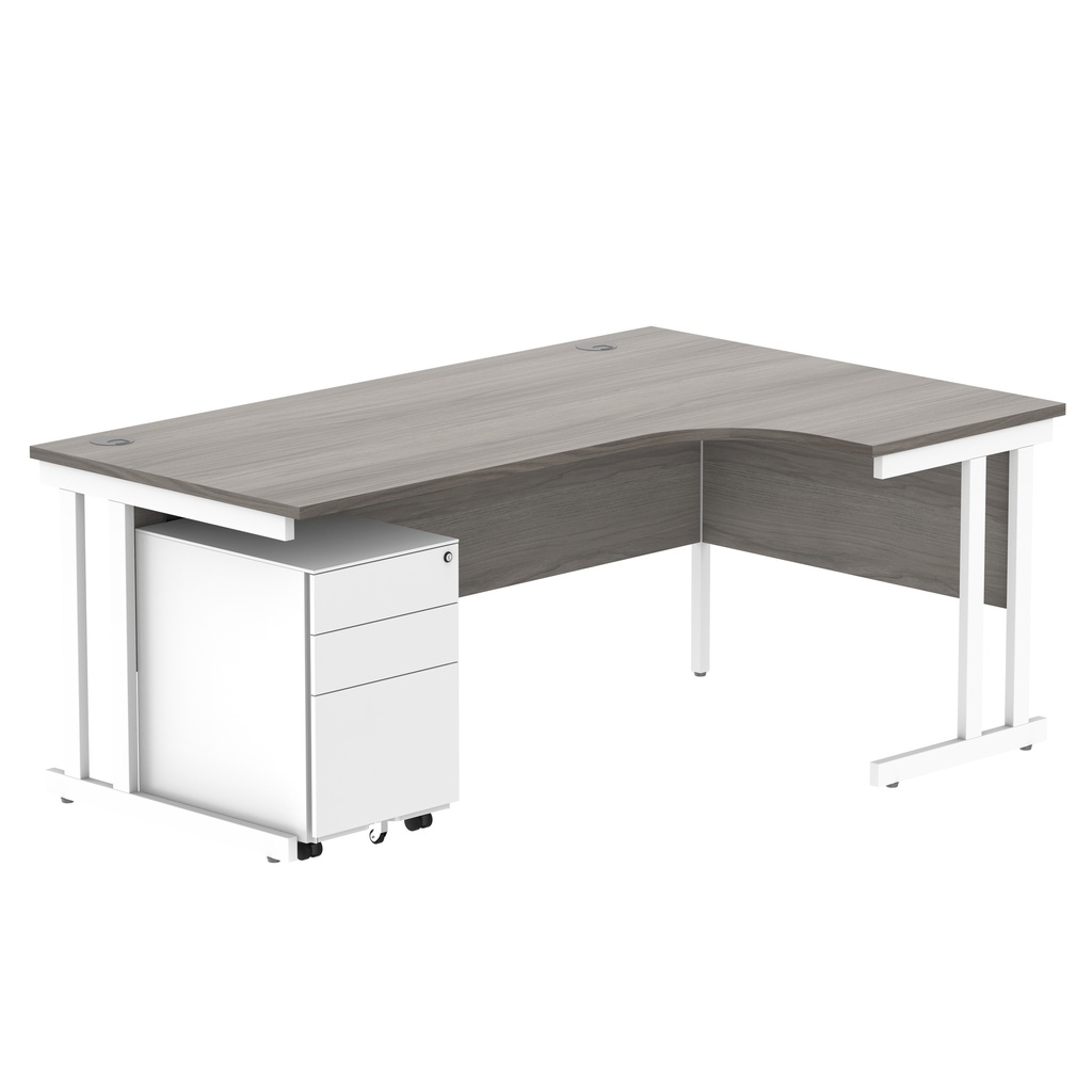 Double Upright Right Hand Radial Desk + Under Desk Steel Pedestal 3 Drawers (FSC) | 1800X1200 | Alaskan Grey Oak/White