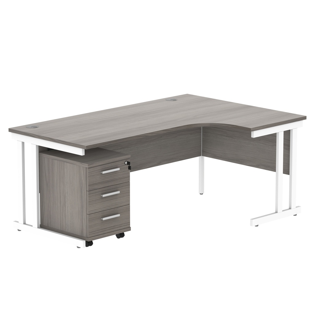 Double Upright Right Hand Radial Desk + 3 Drawer Mobile Under Desk Pedestal (FSC) | 1800X1200 | Alaskan Grey Oak/White