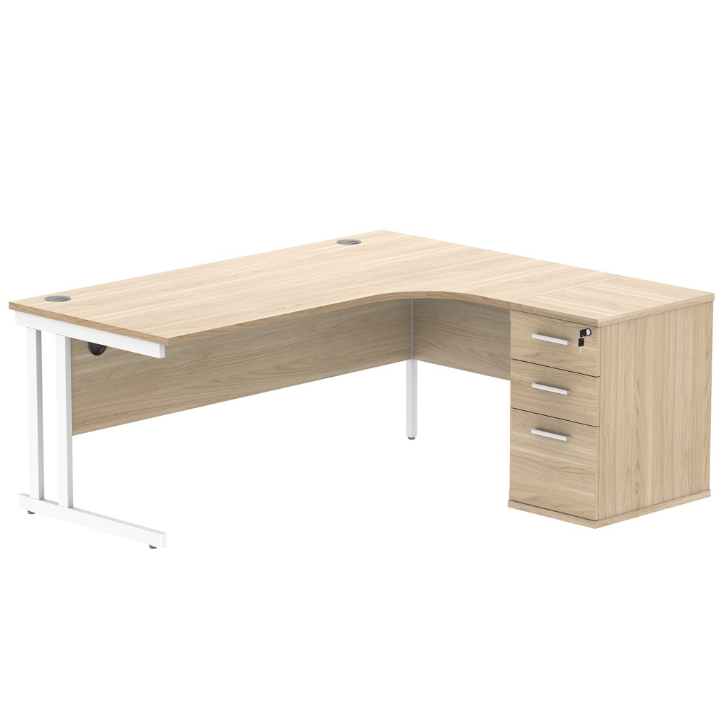Double Upright Right Hand Radial Desk + Desk High Pedestal (FSC) | 600mm Deep Pedestal | 1800X1200 | Canadian Oak/White