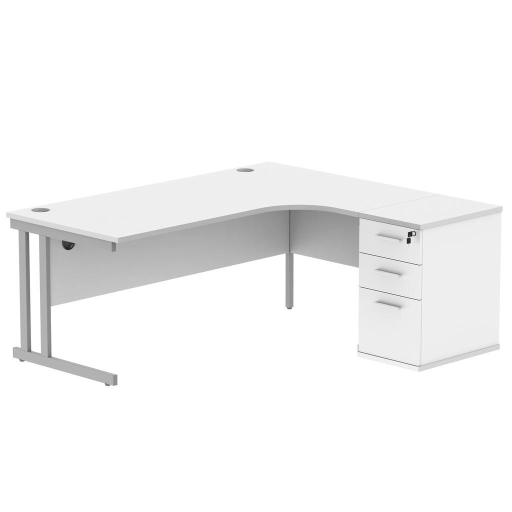 Double Upright Right Hand Radial Desk + Desk High Pedestal (FSC) | 600mm Deep Pedestal | 1800X1200 | Arctic White/Silver