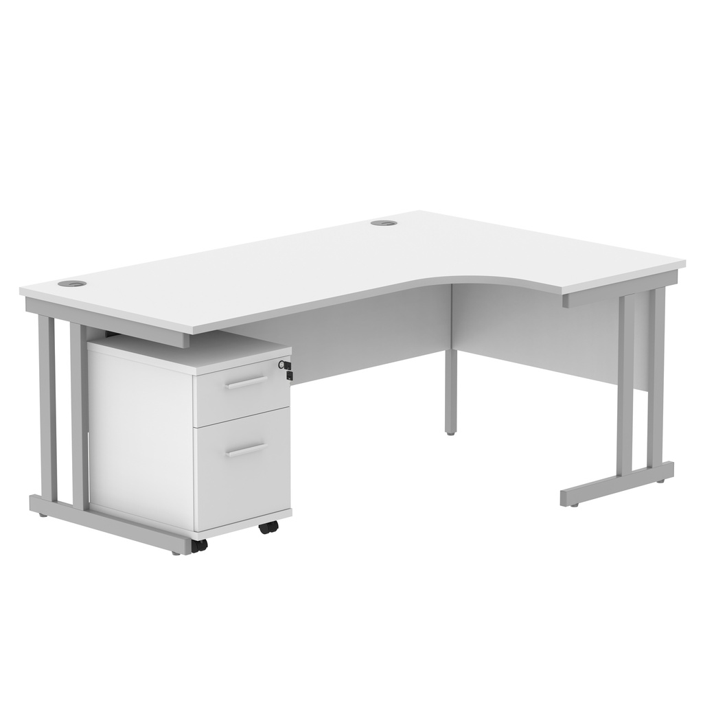 Double Upright Right Hand Radial Desk + 2 Drawer Mobile Under Desk Pedestal (FSC) | 1800X1200 | Arctic White/Silver
