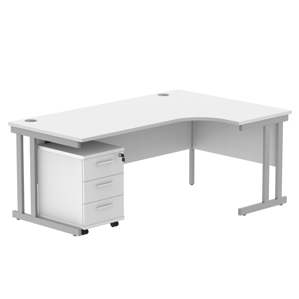 Double Upright Right Hand Radial Desk + 3 Drawer Mobile Under Desk Pedestal (FSC) | 1800X1200 | Arctic White/Silver