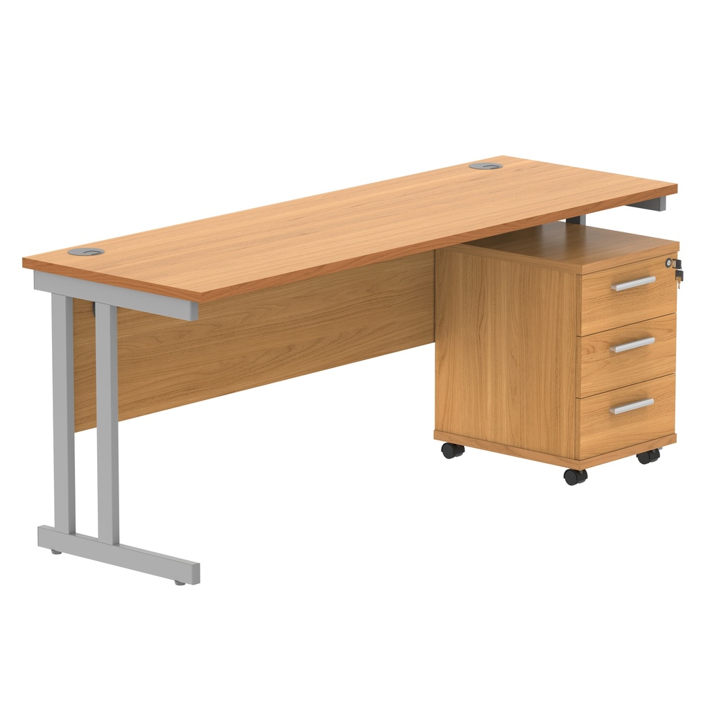 Double Upright Rectangular Desk + 3 Drawer Mobile Under Desk Pedestal (FSC) | 1800X600 | Norwegian Beech/Silver
