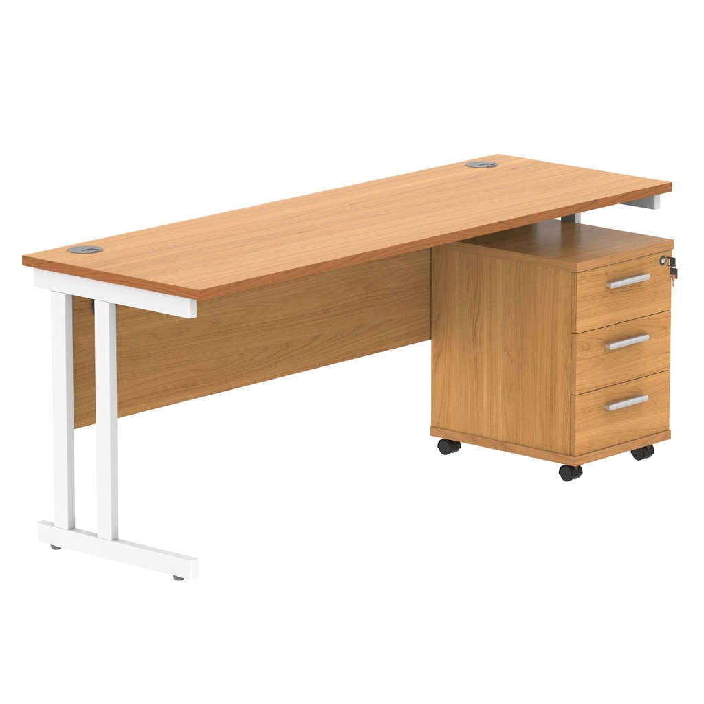 Double Upright Rectangular Desk + 3 Drawer Mobile Under Desk Pedestal (FSC) | 1800X600 | Norwegian Beech/White