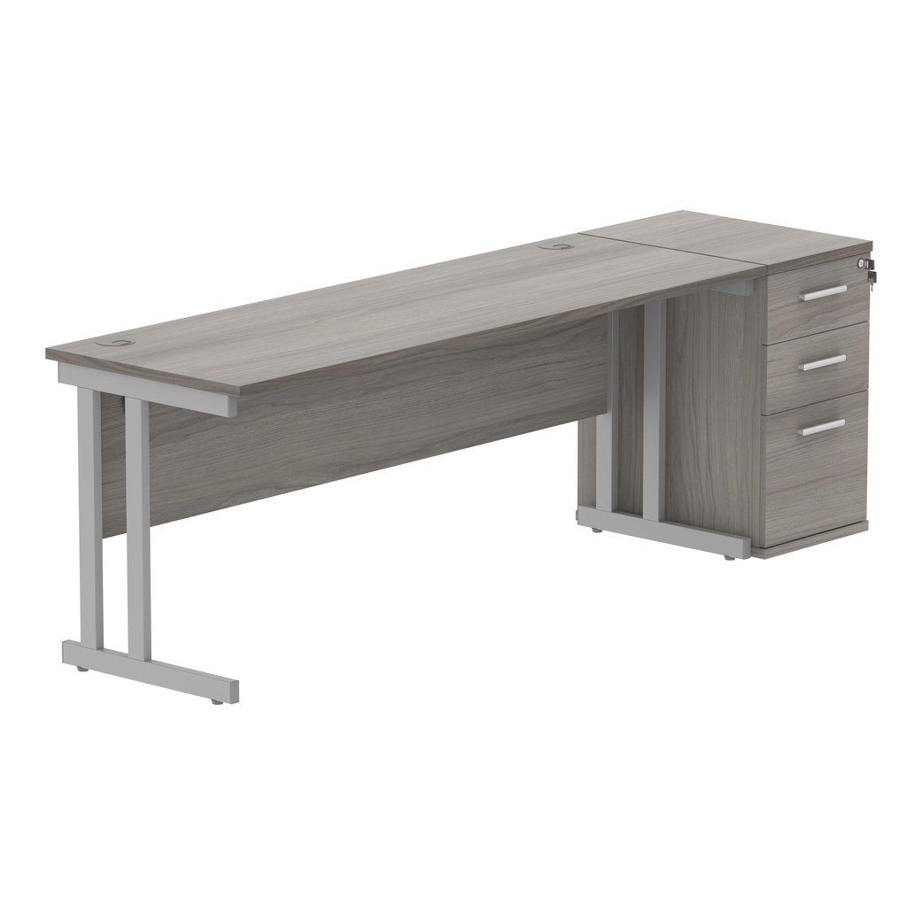 Double Upright Rectangular Desk + Desk High Pedestal (FSC) | 1800X600 | Alaskan Grey Oak/Silver