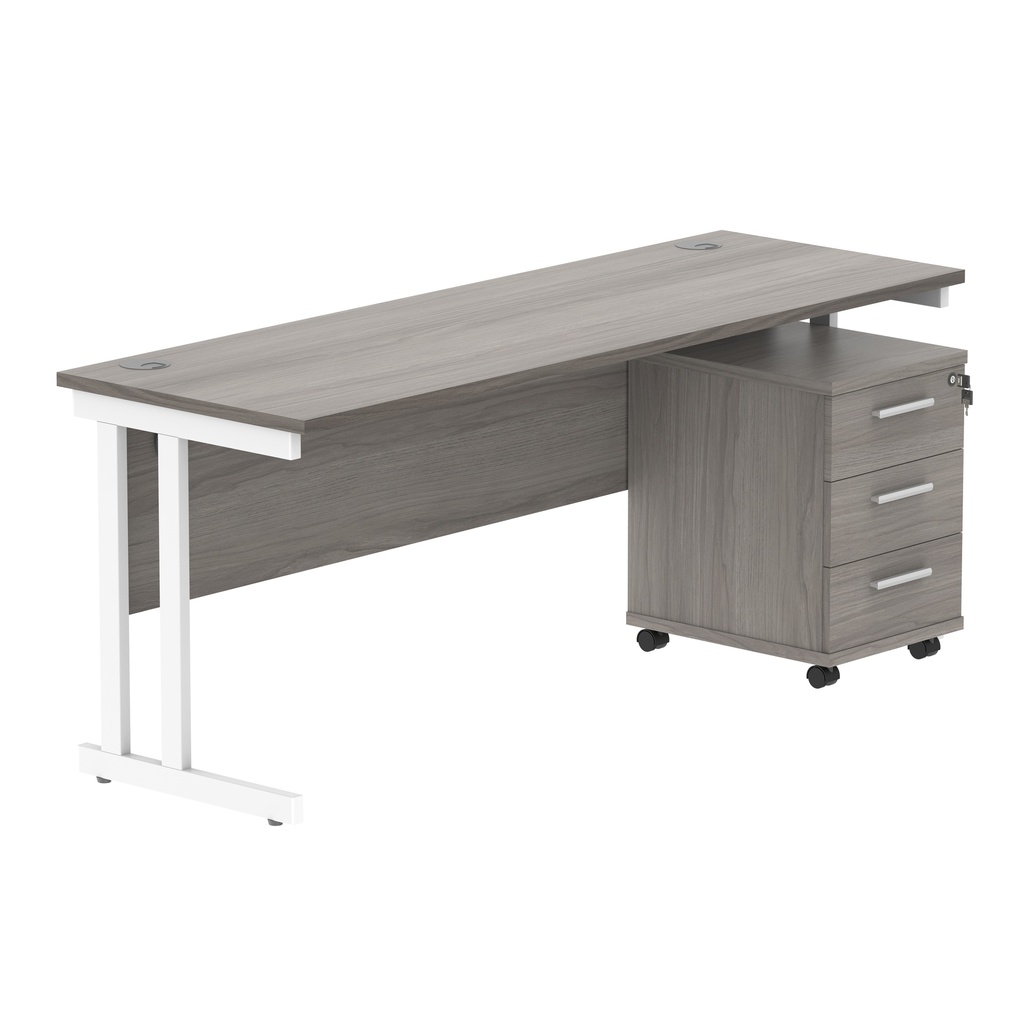 Double Upright Rectangular Desk + 3 Drawer Mobile Under Desk Pedestal (FSC) | 1800X600 | Alaskan Grey Oak/White