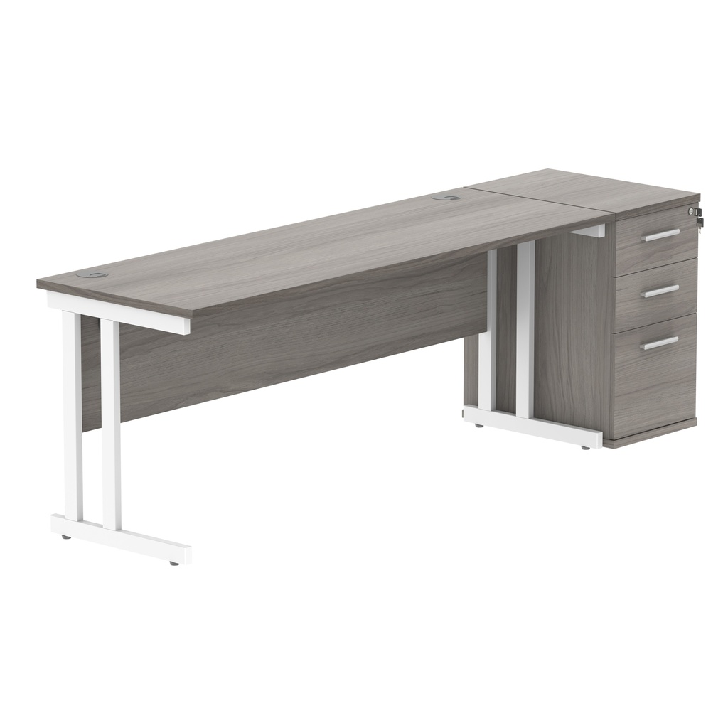 Double Upright Rectangular Desk + Desk High Pedestal (FSC) | 1800X600 | Alaskan Grey Oak/White