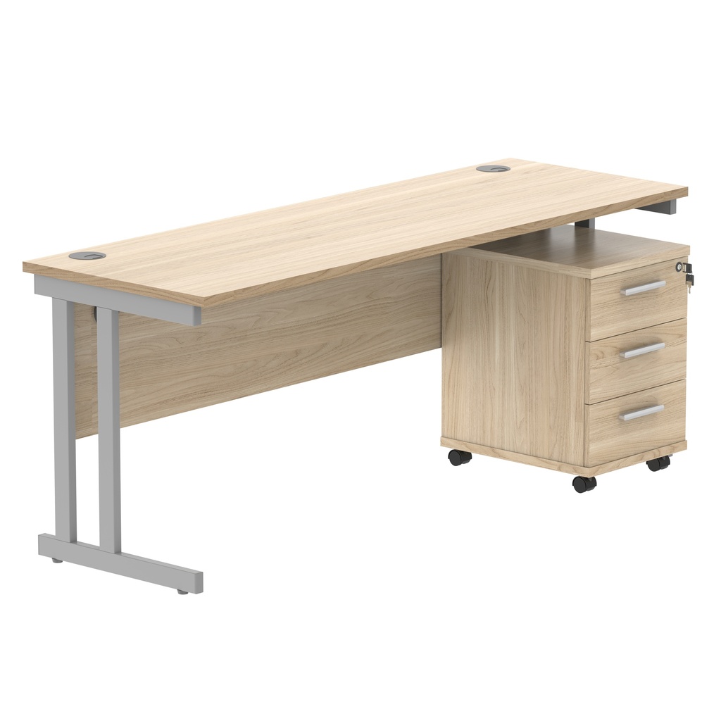 Double Upright Rectangular Desk + 3 Drawer Mobile Under Desk Pedestal (FSC) | 1800X600 | Canadian Oak/Silver
