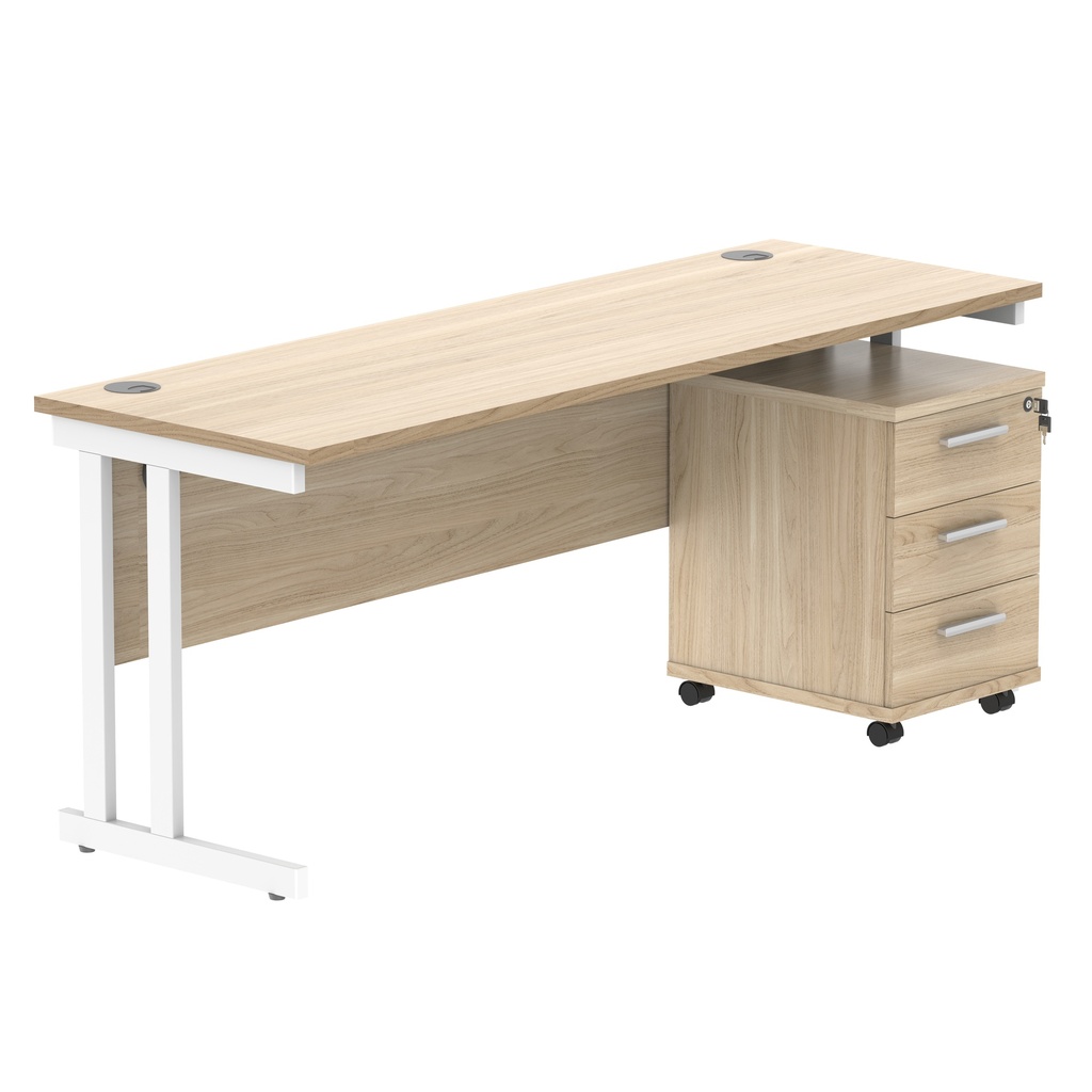Double Upright Rectangular Desk + 3 Drawer Mobile Under Desk Pedestal (FSC) | 1800X600 | Canadian Oak/White