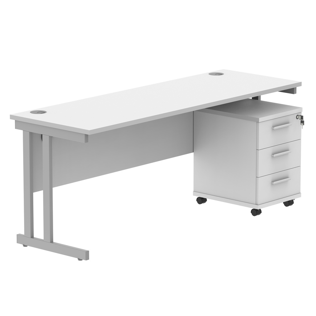 Double Upright Rectangular Desk + 3 Drawer Mobile Under Desk Pedestal (FSC) | 1800X600 | Arctic White/Silver