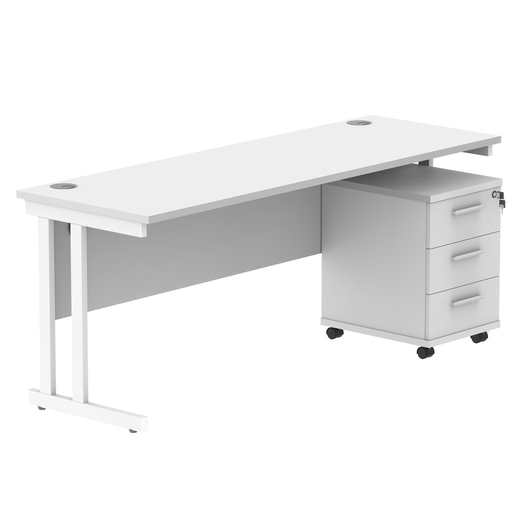 Double Upright Rectangular Desk + 3 Drawer Mobile Under Desk Pedestal (FSC) | 1800X600 | Arctic White/White