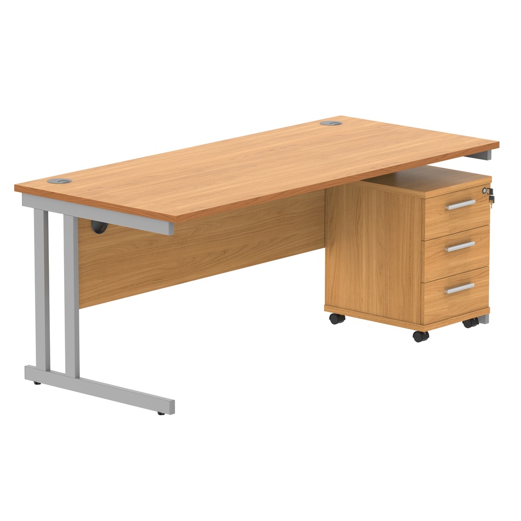 Double Upright Rectangular Desk + 3 Drawer Mobile Under Desk Pedestal (FSC) | 1800X800 | Norwegian Beech/Silver