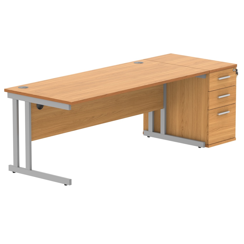 Double Upright Rectangular Desk + Desk High Pedestal (FSC) | 1800X800 | Norwegian Beech/Silver