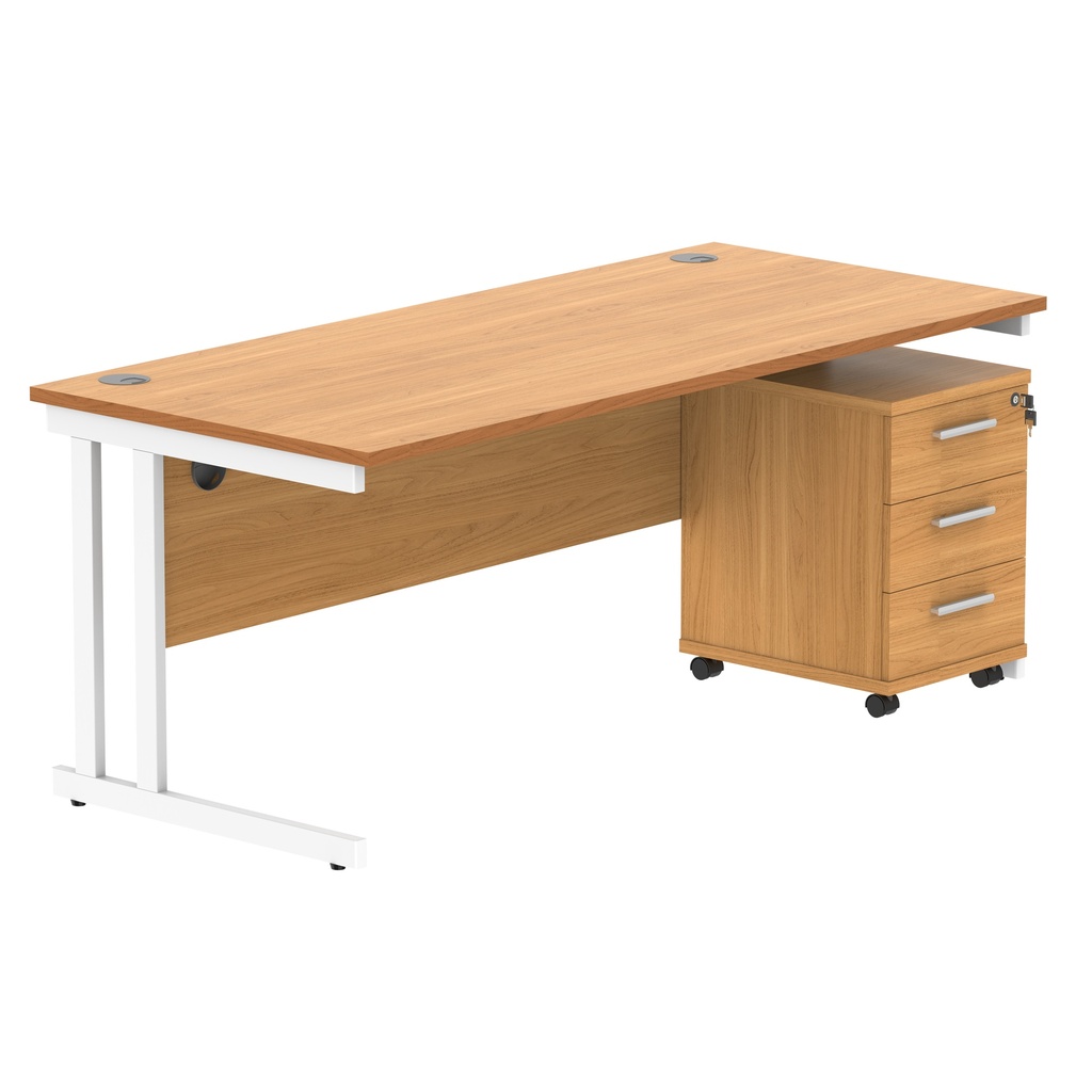 Double Upright Rectangular Desk + 3 Drawer Mobile Under Desk Pedestal (FSC) | 1800X800 | Norwegian Beech/White