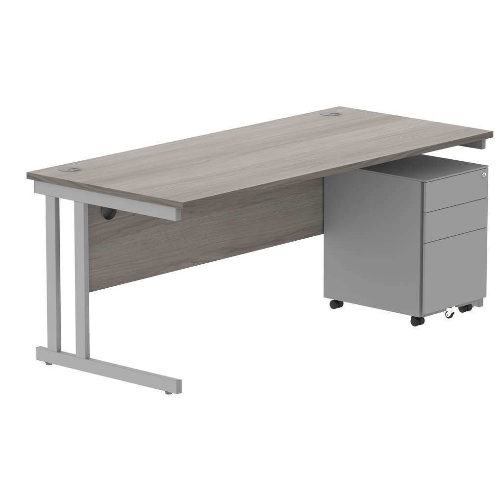 Double Upright Rectangular Desk + Under Desk Steel Pedestal 3 Drawers (FSC) | 1800X800 | Alaskan Grey Oak/Silver