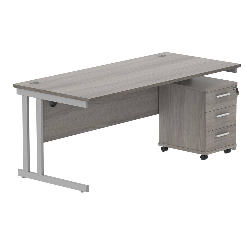 Double Upright Rectangular Desk + 3 Drawer Mobile Under Desk Pedestal (FSC) | 1800X800 | Alaskan Grey Oak/Silver
