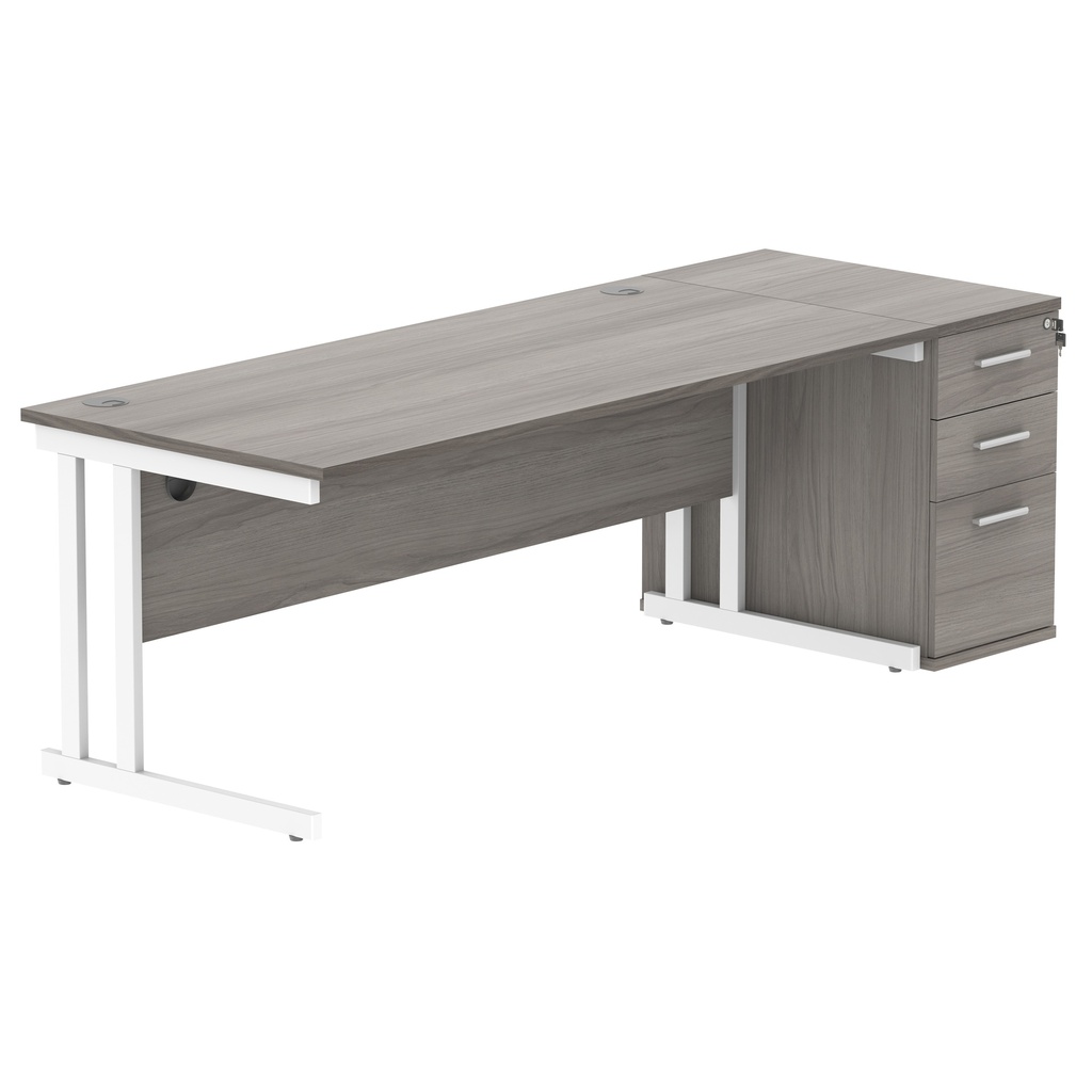 Double Upright Rectangular Desk + Desk High Pedestal (FSC) | 1800X800 | Alaskan Grey Oak/Silver