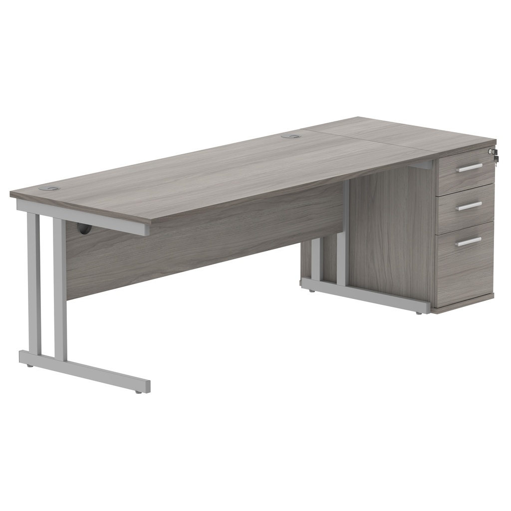 Double Upright Rectangular Desk + Desk High Pedestal (FSC) | 1800X800 | Alaskan Grey Oak/Silver