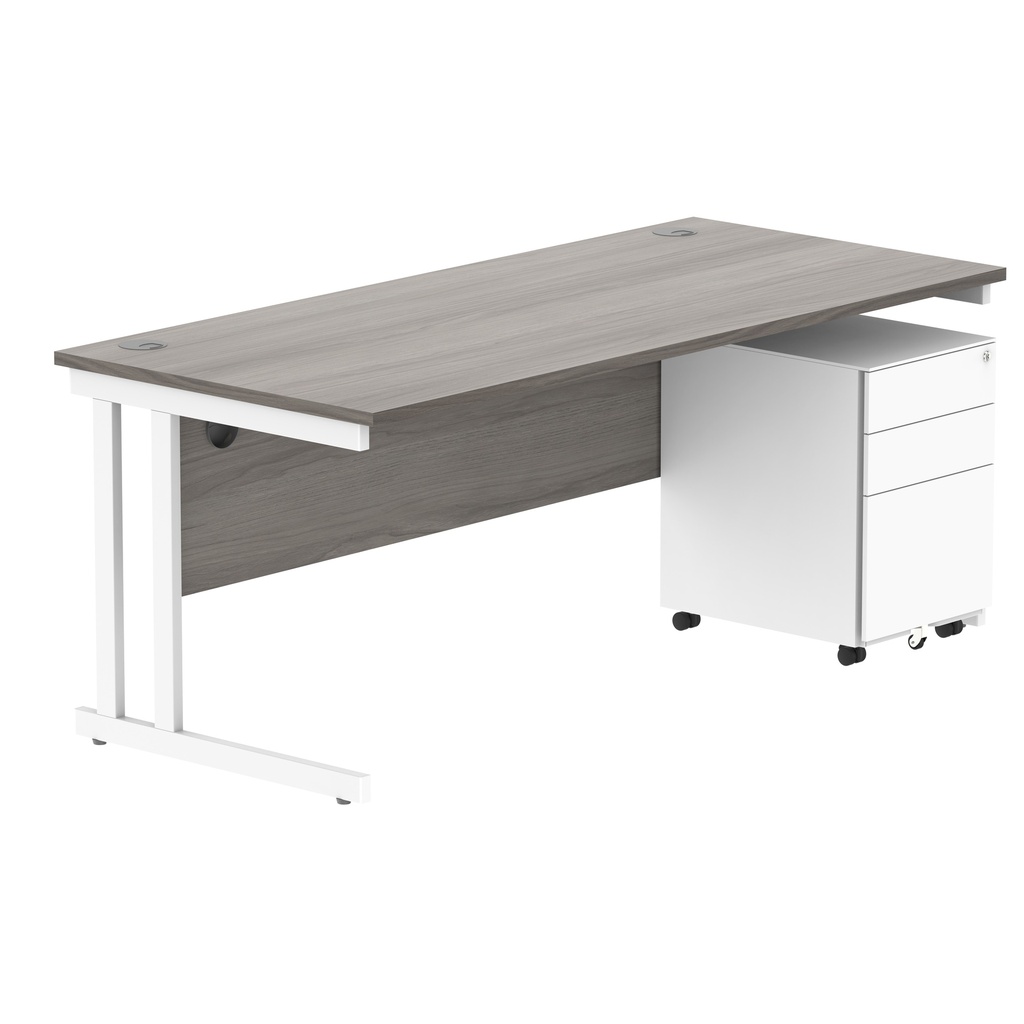 Double Upright Rectangular Desk + Under Desk Steel Pedestal 3 Drawers (FSC) | 1800X800 | Alaskan Grey Oak/White
