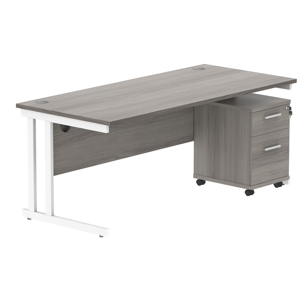 Double Upright Rectangular Desk + 2 Drawer Mobile Under Desk Pedestal (FSC) | 1800X800 | Alaskan Grey Oak/White