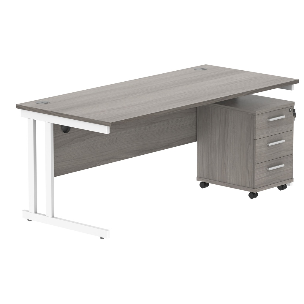 Double Upright Rectangular Desk + 3 Drawer Mobile Under Desk Pedestal (FSC) | 1800X800 | Alaskan Grey Oak/White