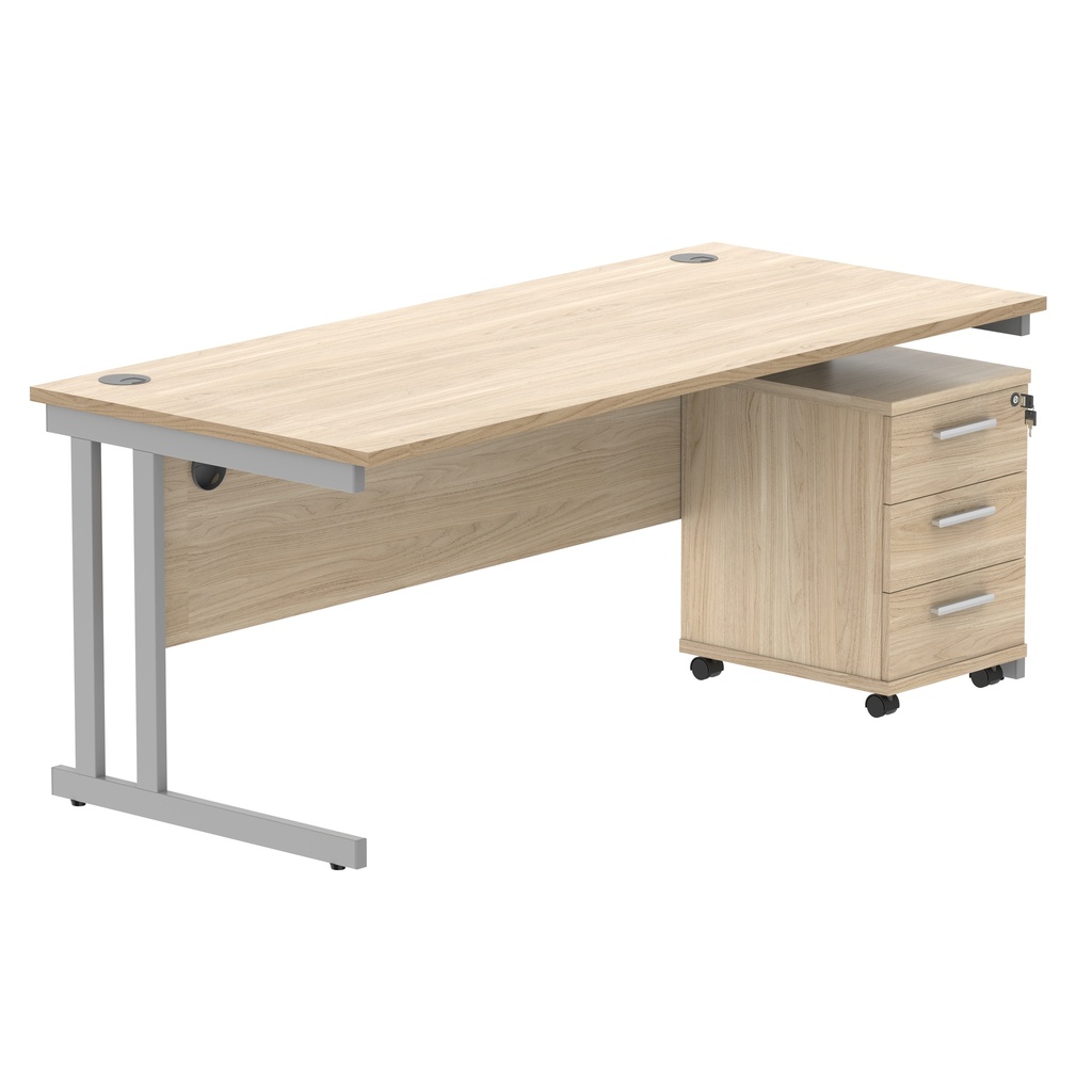 Double Upright Rectangular Desk + 3 Drawer Mobile Under Desk Pedestal (FSC) | 1800X800 | Canadian Oak/Silver