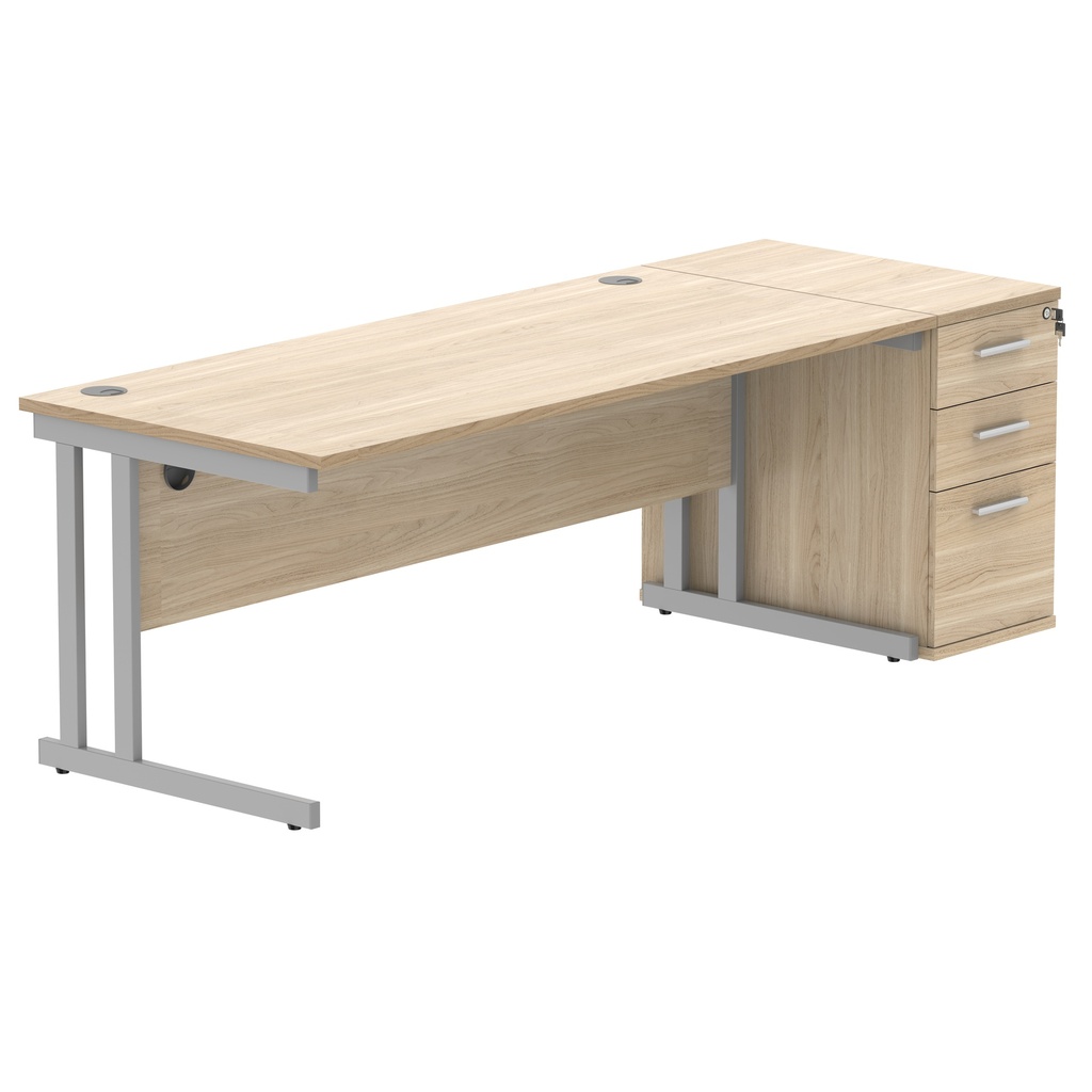 Double Upright Rectangular Desk + Desk High Pedestal (FSC) | 1800X800 | Canadian Oak/Silver