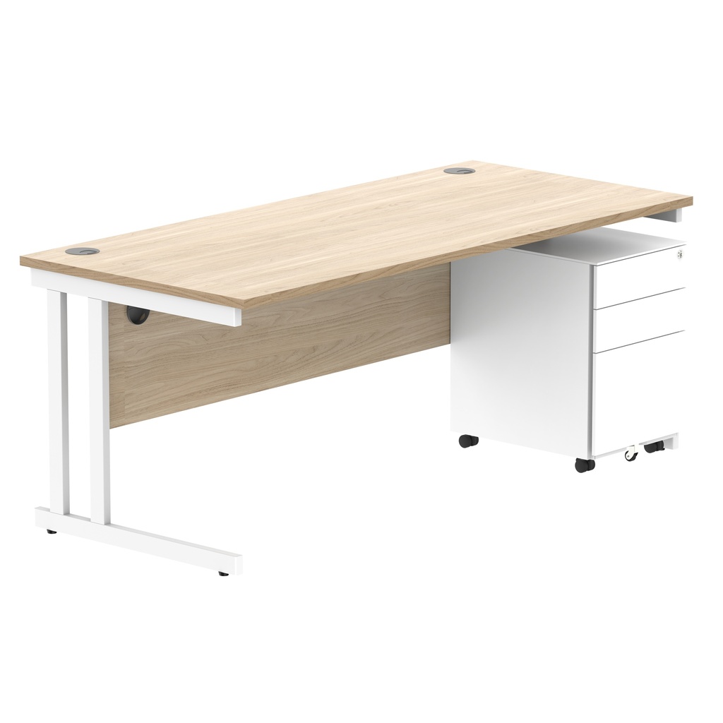 Double Upright Rectangular Desk + Under Desk Steel Pedestal 3 Drawers (FSC) | 1800X800 | Canadian Oak/White