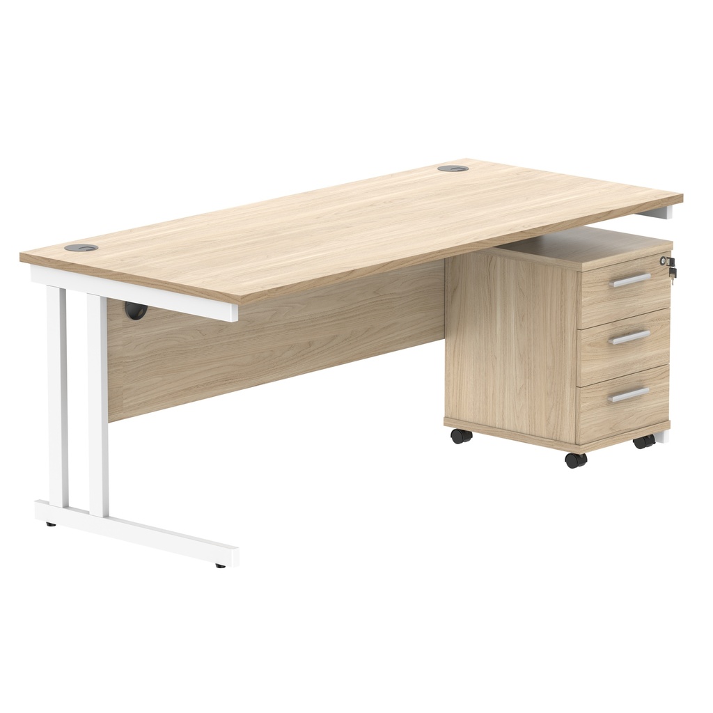 Double Upright Rectangular Desk + 3 Drawer Mobile Under Desk Pedestal (FSC) | 1800X800 | Canadian Oak/White