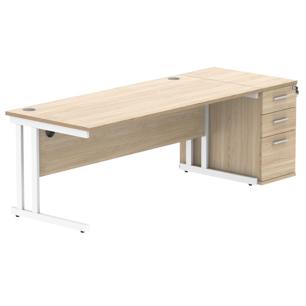 Double Upright Rectangular Desk + Desk High Pedestal (FSC) | 1800X800 | Canadian Oak/White
