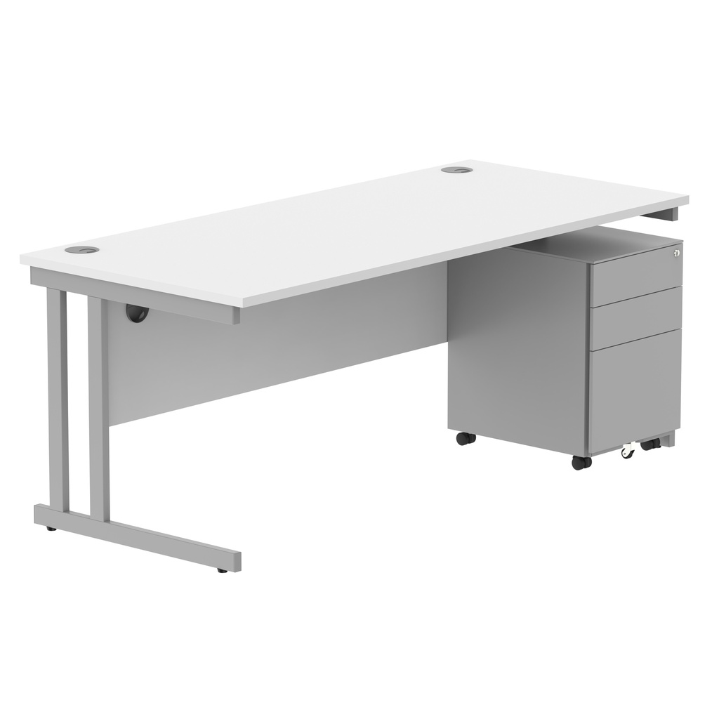 Double Upright Rectangular Desk + Under Desk Steel Pedestal 3 Drawers (FSC) | 1800X800 | Arctic White/Silver