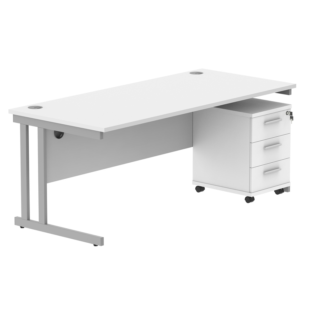 Double Upright Rectangular Desk + 3 Drawer Mobile Under Desk Pedestal (FSC) | 1800X800 | Arctic White/Silver